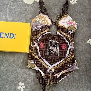 Fendi Brown Patterned Swimsuit with Gold and Pink Accents